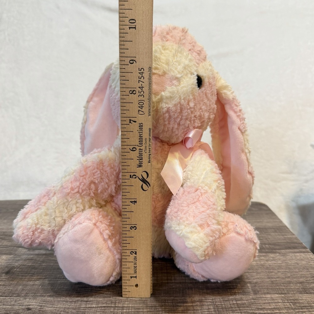Pink Ribbon White Soft Textured Easter Bunny Plush Striped Rabbit Stuffed Animal - Picture 9 of 9